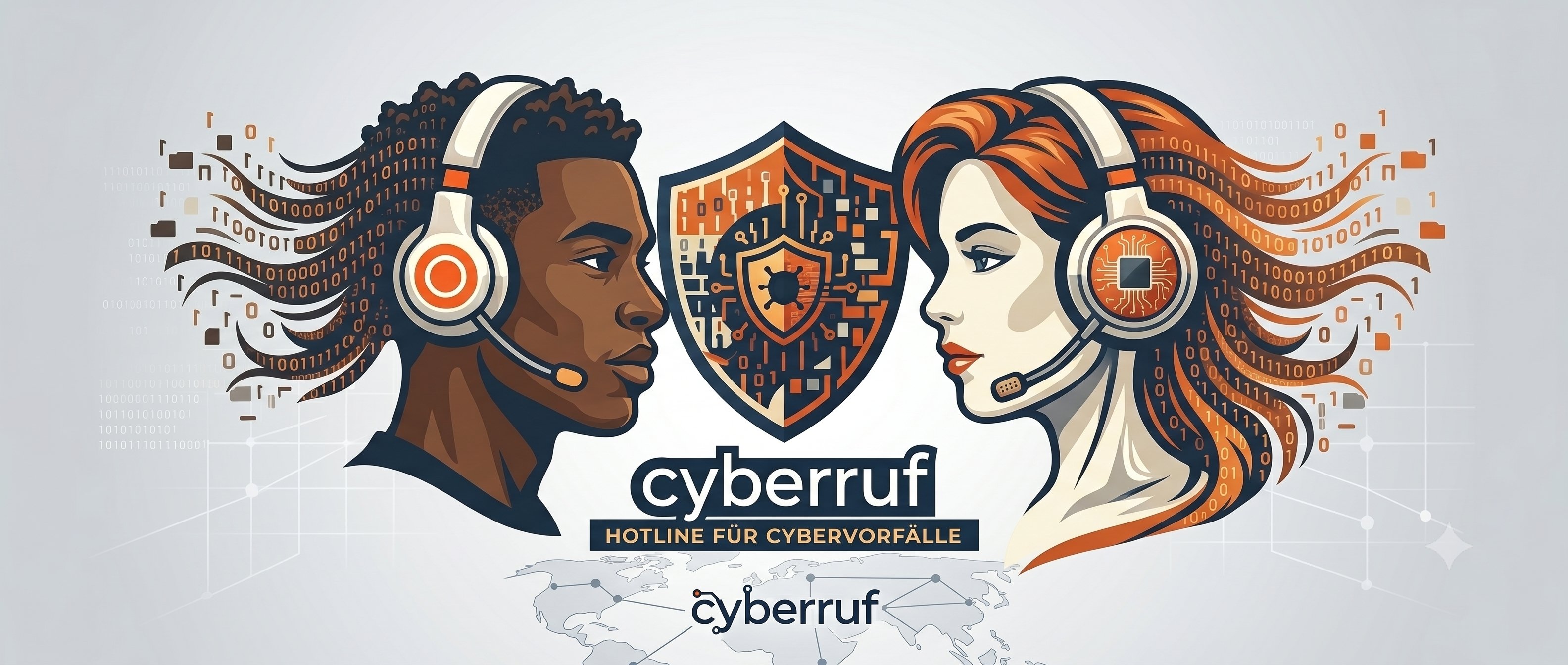 Cyberruf – zwei Personen mit Headset, Cybersecurity-Schild